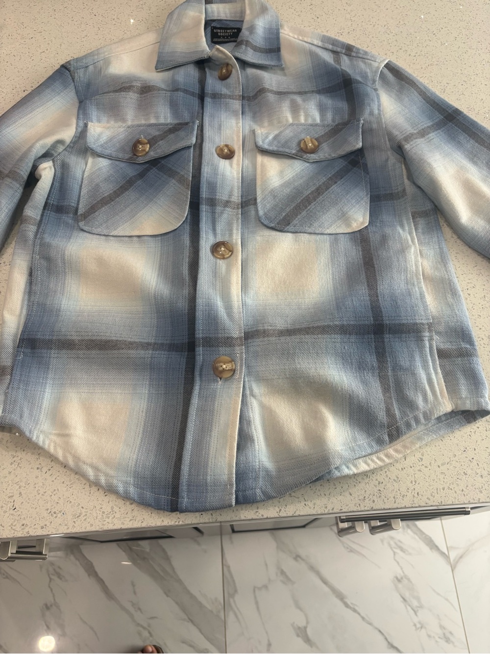 Streetwear Society Blue Plaid Flannel Shacket - Oversized Button-Up Shirt Jacket